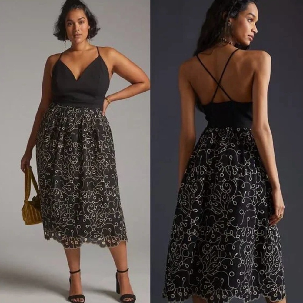 Anthropologie 1X Maeve Black Embroidered Eyelet Midi Dress NWT